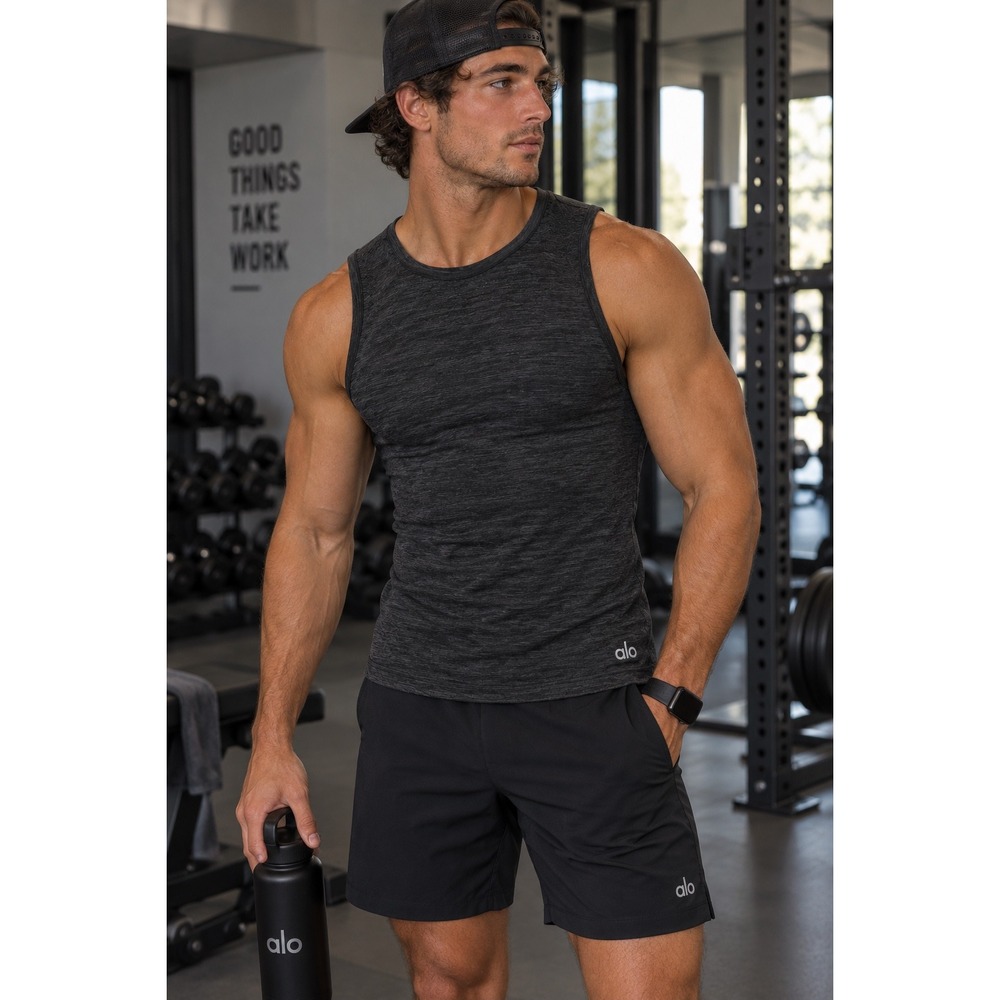 Alo Yoga Mens Amplify Seamless Muscle Tank Dark Grey Heather Training Top Small